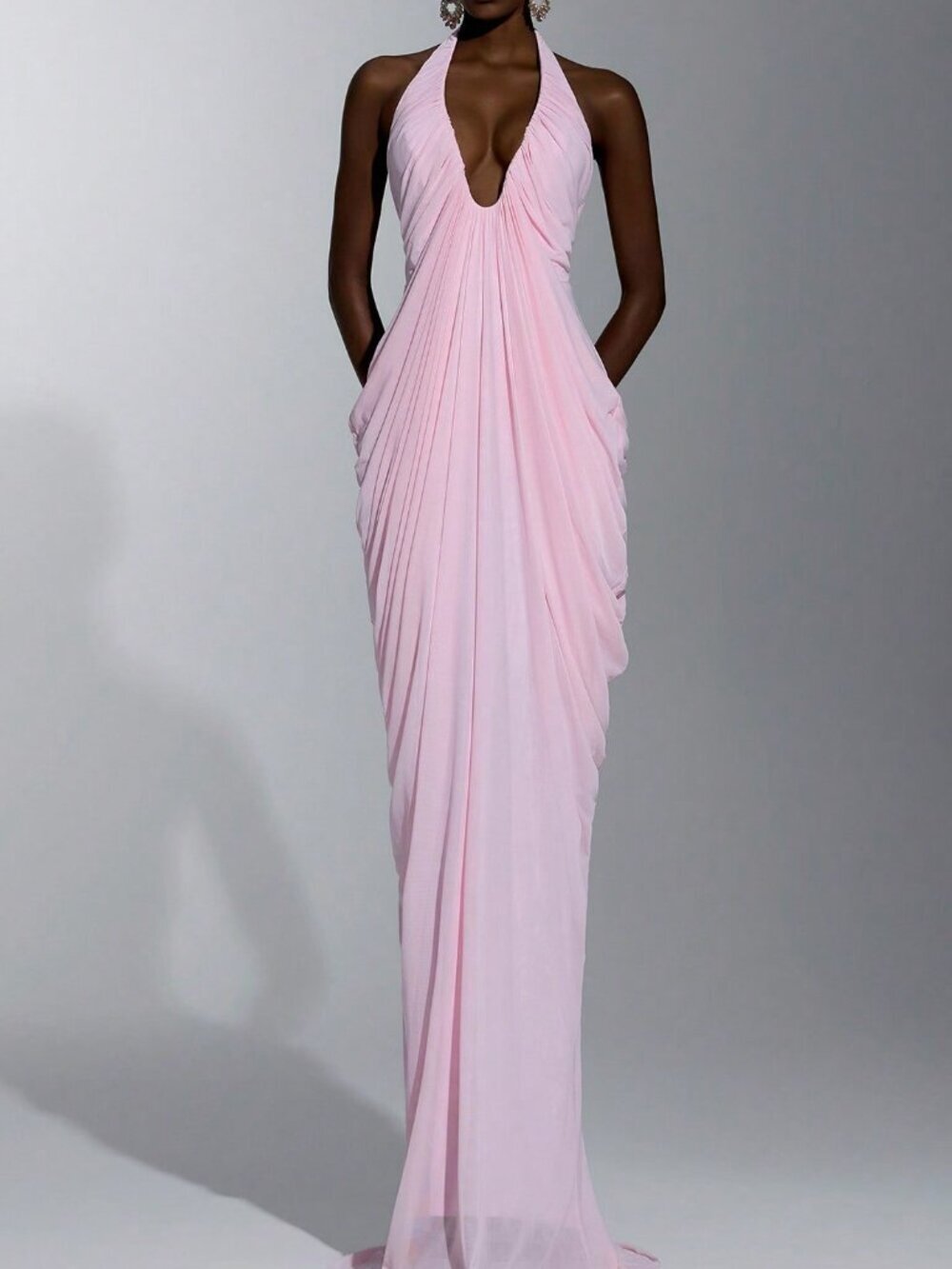 Baby Pink Elegant Women's Minimalist Elastic Mesh Halter Neck Long Gown
